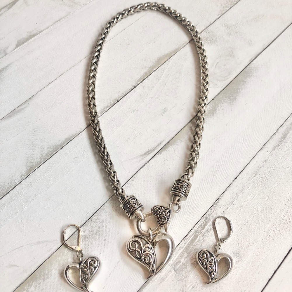 Thick Chain lobster claw front Silver Open Heart Necklace Set Brighton Inspired